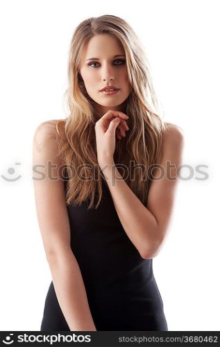 blond alluring elegant young woman with black dress posing over white