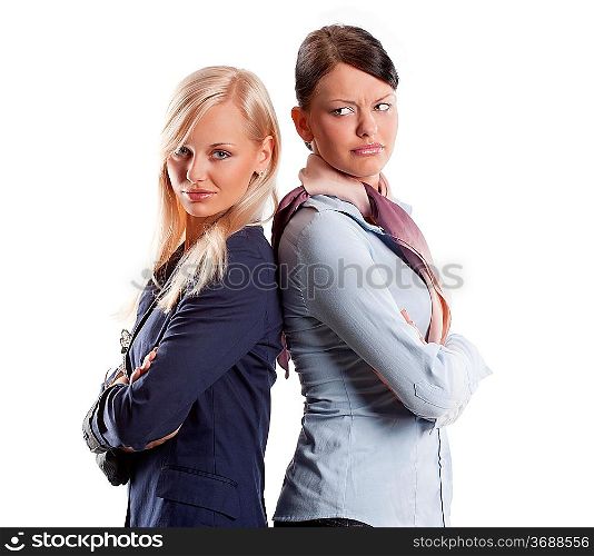 blond and brunette office worker looking in camera and making face