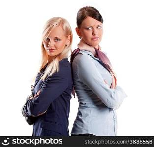 blond and brunette office worker looking in camera and making face