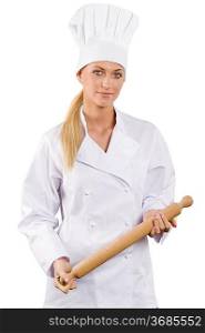 blond and young woman in white chef dress with hat