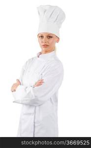 blond and young woman in white chef dress with hat looking in camera