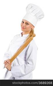 blond and young woman with a in white chef dress with hat and rolling pin
