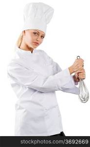 blond and young woman with a in white chef dress with hat and whisk