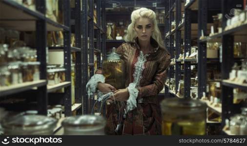 Blond attractive lady in the retro laboratory