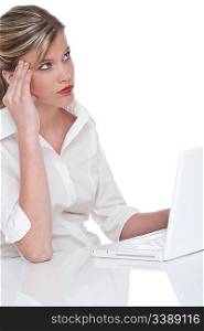Blond attractive woman working with laptop and thinking on white background