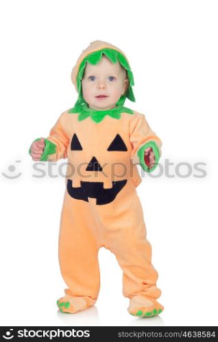 Blond baby in pumpkin suit isolated on a white background