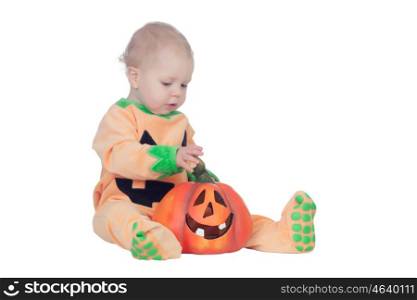Blond baby in pumpkin suit isolated on a white background