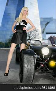 blond beautiful black sport car city buildings young sexy girl