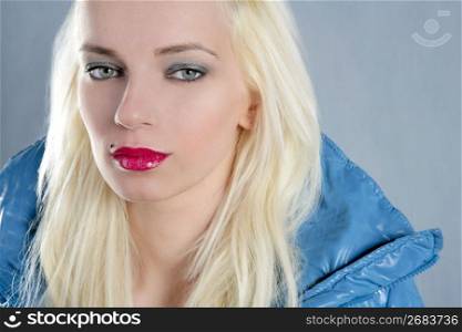 blond beautiful girl portrait red lips blue jacket