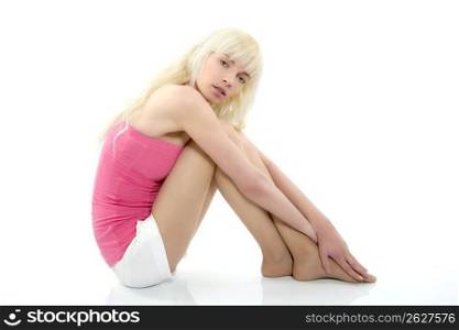 blond beautiful young pink girl sit relaxed