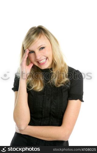 blond businesswoman smiling, hand in head, isolated on white