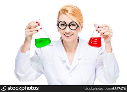Blond chemist holds a test tube with a colored liquid on a white background