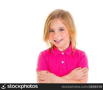 Blond child girl with pink t-shirt smiling portrait on white background