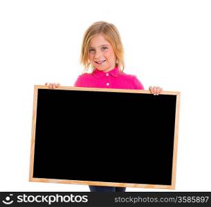blond child kid happy girl holding blank black blackboard copy space on white
