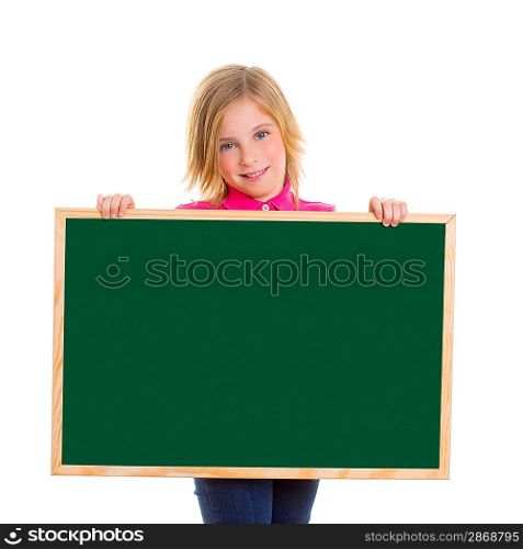 blond child kid happy girl holding blank green blackboard copy space on white
