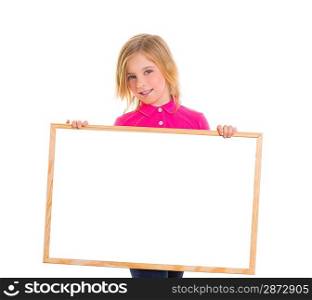 blond child kid happy girl holding blank white board copy space