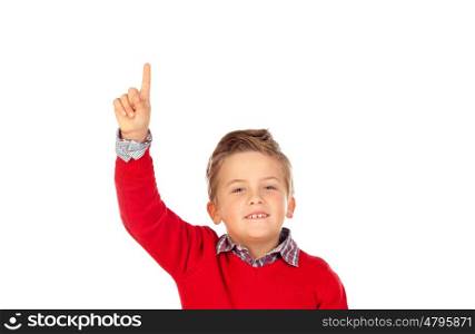 Blond child with red jersey asking to speak isolated on a white background