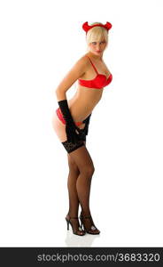 blond devil in red bikini with black stockings and heel on white