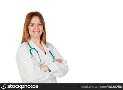 Blond doctor woman thinking isolated on a white background