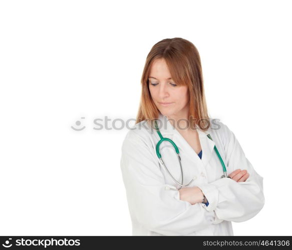 Blond doctor woman thinking isolated on a white background