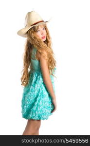 Blond fashion cowboy hat girl with turquoise dress posing on white background
