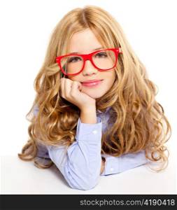 blond fashion kid girl with red glasses portrait isolated on white