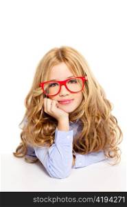 blond fashion kid girl with red glasses portrait isolated on white