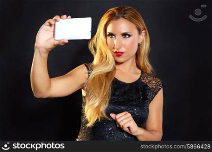 Blond fashion woman smartphone selfie in black background
