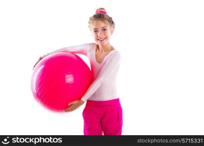 blond fitness kid girls exercise workout with swiss ball fitball on white