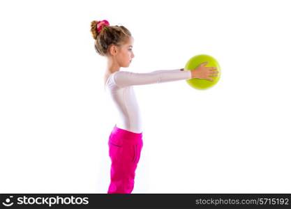 blond fitness kid girls exercise workout with yoga ball on white