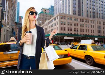 Blond girl shopaholic in Manhattan New York shopping with coffee Photomount