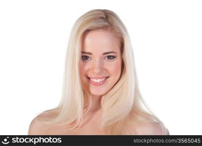 blond girl smiling on the white background