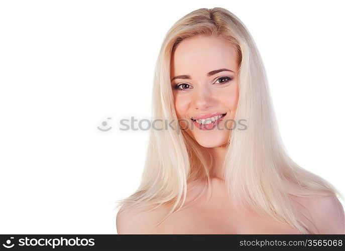 blond girl smiling on the white background