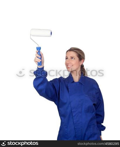 Blond girl with a roller painting isolated on a white background