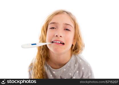 blond girl with thermometer and flu cold in pyjama and funny face
