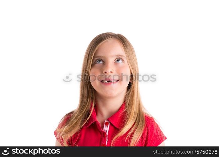 blond indented girl looking up gesture in white background