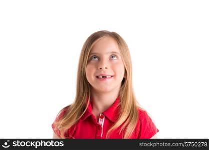 blond indented girl looking up gesture in white background