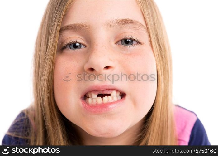 Blond indented girl showing teeth portrait funny expression on white background