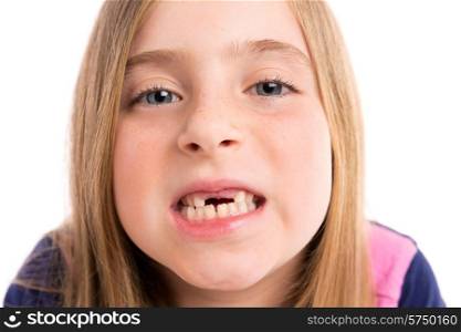 Blond indented girl showing teeth portrait funny expression on white background