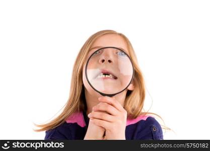 Blond indented girl with teeth in magnifying glass funny expression on white background