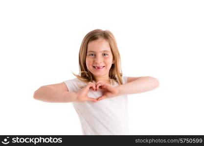 Blond indented kid girl hearth shape fingers smiling gesture on white background
