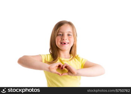 Blond indented kid girl hearth shape fingers smiling gesture on white background