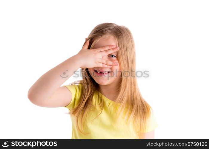 Blond indented kid girl hiding eyes with fingers gesture on white background