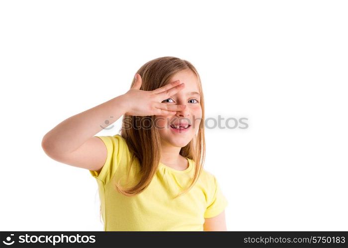 Blond indented kid girl hiding eyes with fingers gesture on white background