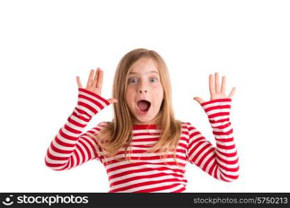 Blond indented kid girl open mounth and hands happy expression gesture on white