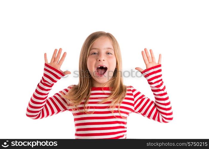 Blond indented kid girl open mounth and hands happy expression gesture on white