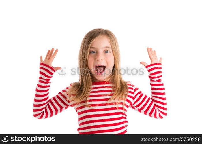 Blond indented kid girl open mounth and hands happy expression gesture on white