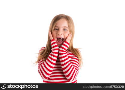 Blond indented kid girl open mounth and hands happy expression gesture on white