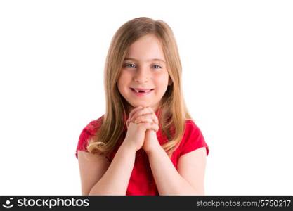 blond indented kid girl praying hands gesture in white background