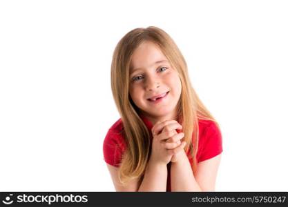 blond indented kid girl praying hands gesture in white background